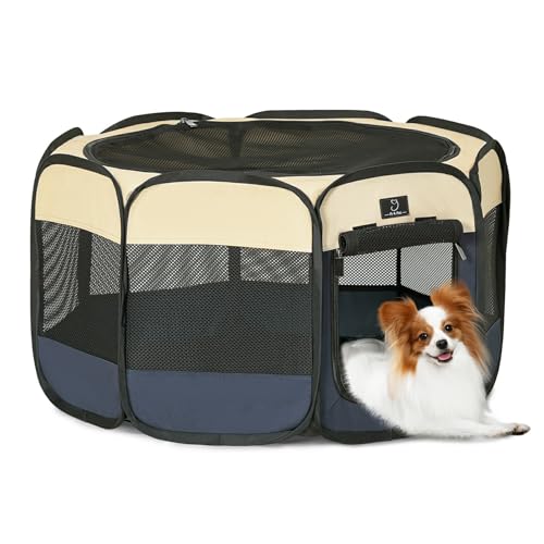 A 4 Pet Welpenauslauf Faltbar Welpenlaufstall für Hunde Katzen Tierlaufstall für Hundelaufstall mit Reisverschluss Oben Pop-Up Design Indoor & Outdoor Hundehütte für Wohnung, mit Klappbarem Napf von A 4 Pet