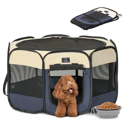 A 4 Pet Welpenauslauf Faltbar Welpenlaufstall für Hunde Katzen Tierlaufstall für Hundelaufstall mit Reisverschluss Oben Pop-Up Design Indoor & Outdoor Hundehütte für Wohnung, mit Klappbarem Napf von A 4 Pet