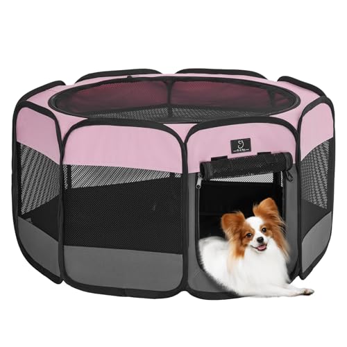 A 4 Pet Hunde-Laufstall für kleine Hunde, Tragbarer Haustier-Laufstall für Welpen/Katze/Kaninchen/Küken, Katzenlaufstall Indoor mit Reisenapf und wasserdichter Unterseite, Dunkelgrau und Rosa von A 4 Pet