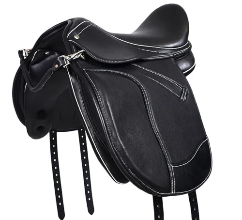 A&M Reitsport Pony Sattel 1142 aus Leder, wechselbares Kopfeisen, Polyflex Baum, Schwarz, Größe:15 Zoll von A&M Reitsport