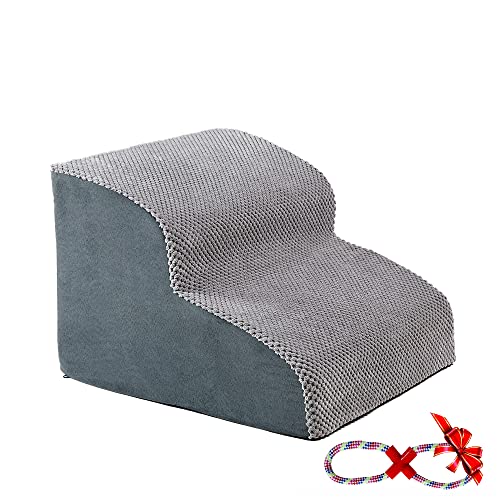 A.FATI Hundetreppe 30cm Hoch| 2 Stufen Hunderampe aus hochdichtem Schaumstoff für Couch|Sofa, rutschfeste Haustiertreppe für Kleine Hunde - mit Hundespielzeug Seil (grau) von A.FATI