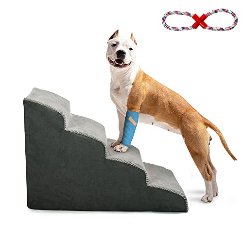 A.FATI Hundetreppe Bett, 4 Stufen Hunderampe aus hochdichtem Schaumstoff für Couch|Sofa|, rutschfeste Haustiertreppe 50cm Hoch für Kleine Hunde - mit Hundespielzeug Seil (grau) von A.FATI