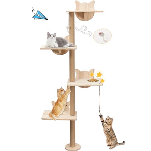 A.FATI Katzenbaum Wandmontierter Katzenkletterturm für Indoor-Katzen, 4-stöckige Katzenkletterregale für Kätzchen, große Katzen, Katzenwandregale mit hängendem Spielzeug und Futterspender, 70 Zoll von A.FATI