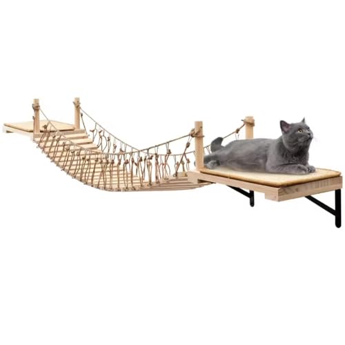 A.FATI Wandmontierte Katze Seilbrücke, Cat Brideg Lang für Indoor Katzen, Holz Katze/Kitty Bett und Sitzstangen mit Sisal Kratzmatte, Katzenwandmöbel zum Schlafen, Spielen, Klettern, Katzenwandregale von A.FATI