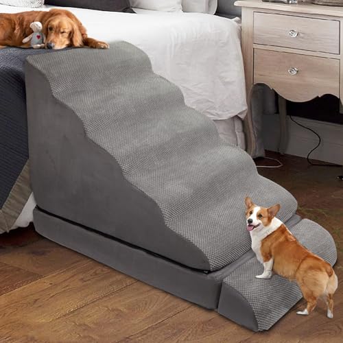 Hundetreppe für Hochbett, 71,1 cm Höhe, Schaumstoff-Hundetreppe & Stufen, Rampen für hohe Betten 63,5–76,2 cm, 6-stufige Hundetreppe für kleine Hunde und Katzen, rutschfeste, ausgewogene von A.FATI