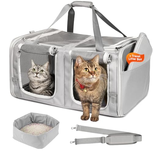 Katzentrage für 2 Katzen, Doppelte Katzentrage mit integrierter Katzentoilette, Katzentrage für Autoreise, weiche Seiten Katzentrage für Katze/Welpen, tragbare Haustierreisetasche für Reisen von A.FATI