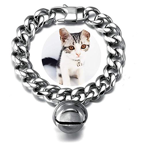 AAAbling Silbernes Halsband für Katzen und Hunde, 1,3 cm breit, Edelstahl, kaufest, kubanische Gliederkette mit Glöckchen (Halsumfang 15,2 - 17,8 cm) von AAAbling