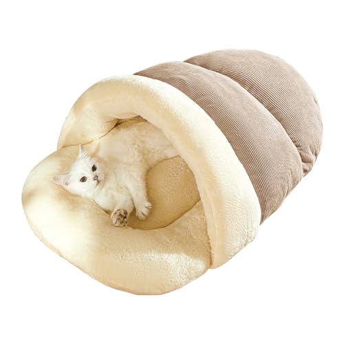 AALLYN Katzenbett für Kätzchen, weiches Kätzchenbett - Halbgeschlossenes Katzenbett - Fleece-Futter und Cord-Haustierbett, gemütliches, bequemes mittelgroßes Katzenbett für Kaninchen und Welpen von AALLYN