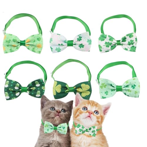 AALLYN St. Patrick's Day Katzenhalsband mit Schleife,St. Patrick's Day Hundehalsband Schleifen | 6 Stück grüne Festliche Krawatten mit Kleeblatt-Schleife - Einfache Hundehalsbänder mit von AALLYN