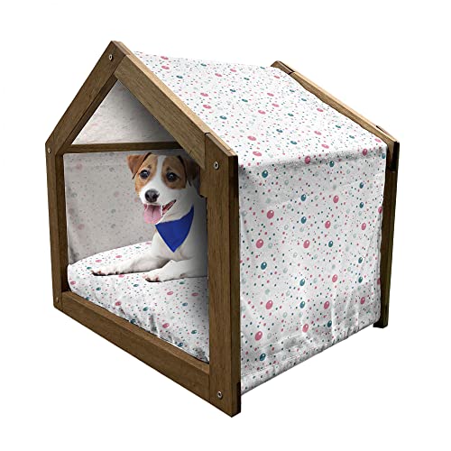 ABAKUHAUS Abstrakt Hundehütte aus Holz, Pastellfarben-Tupfen, tragbare Hundehütte für drinnen und draußen mit Kissen und Abdeckung, 55 cm x 75 cm, Blau-Rosa-Grau von ABAKUHAUS