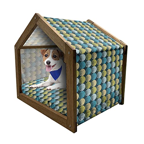 ABAKUHAUS Abstrakt Hundehütte aus Holz, Punkt-Zusammensetzung Kreise, tragbare Hundehütte für drinnen und draußen mit Kissen und Abdeckung, 45 cm x 60 cm, Dunkle Teal Multicolor von ABAKUHAUS