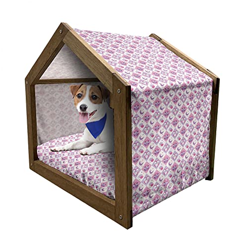 ABAKUHAUS Baby Hundehütte aus Holz, Kariertes Muster Eulen, tragbare Hundehütte für drinnen und draußen mit Kissen und Abdeckung, 45 cm x 60 cm, Purpur Rosa von ABAKUHAUS