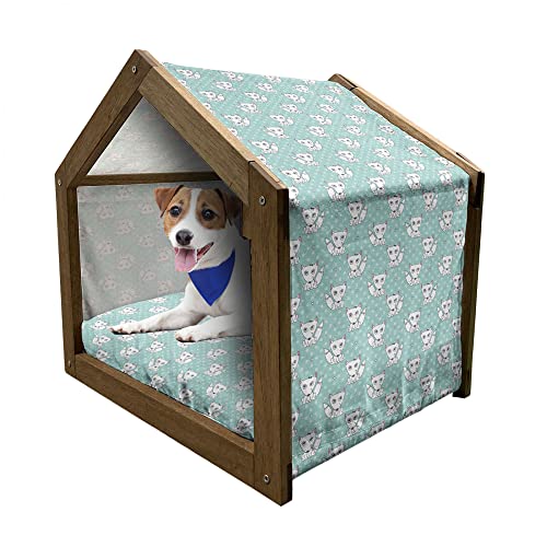 ABAKUHAUS Babydusche Hundehütte aus Holz, Hunde auf Tupfen-Motiv, tragbare Hundehütte für drinnen und draußen mit Kissen und Abdeckung, 55 cm x 75 cm, Koksgraue Baby Pink von ABAKUHAUS