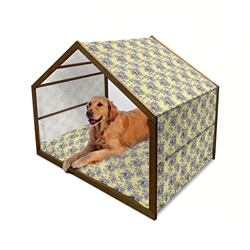 ABAKUHAUS Beige Hundehütte aus Holz, Herringbone Line Pattern, tragbare Hundehütte für drinnen und draußen mit Kissen und Abdeckung, 90 cm x 127 cm, Beige Stale Blau Staub von ABAKUHAUS