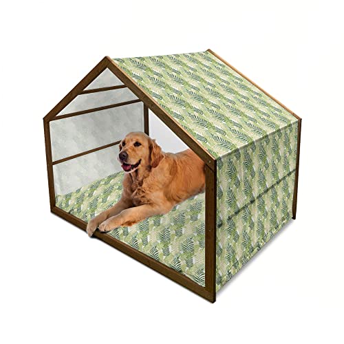 ABAKUHAUS Blatt Hundehütte aus Holz, Tropic exotische Palmen, tragbare Hundehütte für drinnen und draußen mit Kissen und Abdeckung, 90 cm x 127 cm, grüne Ecru von ABAKUHAUS