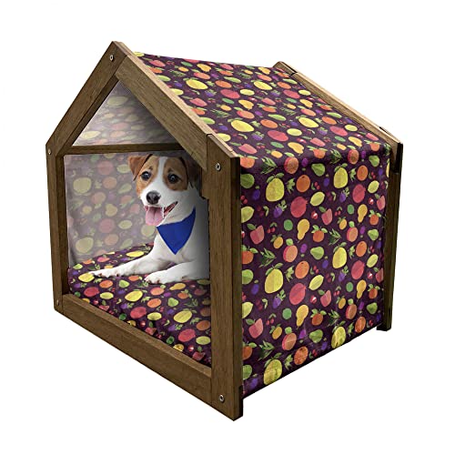 ABAKUHAUS Früchte Hundehütte aus Holz, Kirsche Apfel Orange Pfirsich, tragbare Hundehütte für drinnen und draußen mit Kissen und Abdeckung, 55 cm x 75 cm, Dunkler Fuchsia Multicolor von ABAKUHAUS