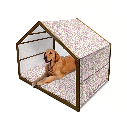 ABAKUHAUS Geometrisch Hundehütte aus Holz, Land-Picknick-Tupfen, tragbare Hundehütte für drinnen und draußen mit Kissen und Abdeckung, 90 cm x 127 cm, Weiß und Vermilion von ABAKUHAUS