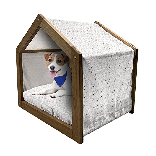 ABAKUHAUS Geometrisch Hundehütte aus Holz, Pastell Kreise und Runden, tragbare Hundehütte für drinnen und draußen mit Kissen und Abdeckung, 55 cm x 75 cm, Peach Dark Night Blau von ABAKUHAUS