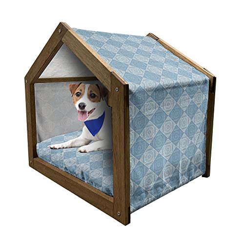 ABAKUHAUS Geometrisch Hundehütte aus Holz, ägyptische Formular, tragbare Hundehütte für drinnen und draußen mit Kissen und Abdeckung, 72 cm x 100 cm, Teal und Blassgelb von ABAKUHAUS