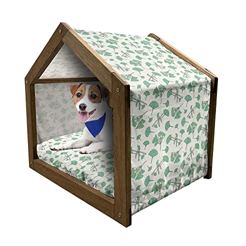 ABAKUHAUS Gingko Hundehütte aus Holz, Beeren Blätter Botanical, tragbare Hundehütte für drinnen und draußen mit Kissen und Abdeckung, 72 cm x 100 cm, Sea Green Creme von ABAKUHAUS