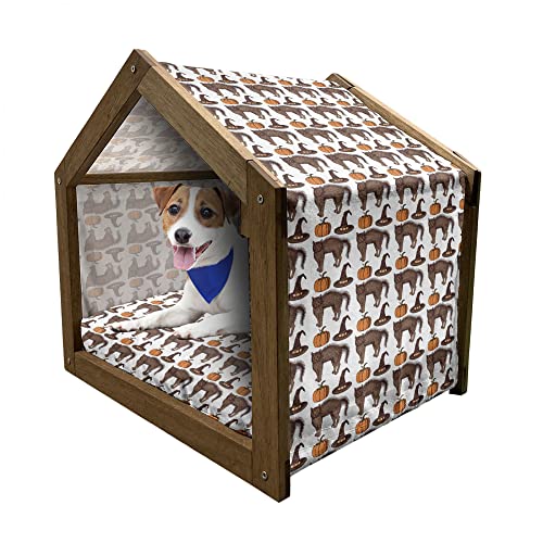 ABAKUHAUS Halloween Hundehütte aus Holz, Kürbis-Hexe-Hut-Katze, tragbare Hundehütte für drinnen und draußen mit Kissen und Abdeckung, 72 cm x 100 cm, Braun Orange Grün von ABAKUHAUS