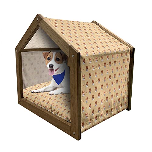 ABAKUHAUS Hündchen Hundehütte aus Holz, Basenji Hunde und Pfoten Muster, tragbare Hundehütte für drinnen und draußen mit Kissen und Abdeckung, 55 cm x 75 cm, Brown Vermilion von ABAKUHAUS