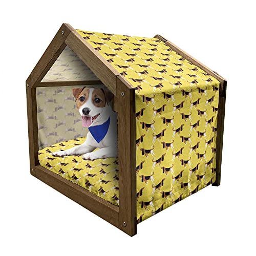 ABAKUHAUS Hunde Hundehütte aus Holz, Fun Pet Charaktere auf Gelb, tragbare Hundehütte für drinnen und draußen mit Kissen und Abdeckung, 72 cm x 100 cm, Gelb Hellbraun Schwarz von ABAKUHAUS