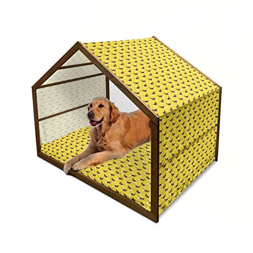 ABAKUHAUS Hunde Hundehütte aus Holz, Fun Pet Charaktere auf Gelb, tragbare Hundehütte für drinnen und draußen mit Kissen und Abdeckung, 90 cm x 127 cm, Gelb Hellbraun Schwarz von ABAKUHAUS