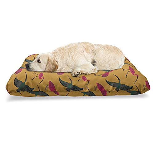 ABAKUHAUS Jungle Nursery Haustierbett, Folk Verziert Vögel, beissfestes Kissen für Hunde und Katzen mit abnehmbaren Bezug, 60 cm x 100 cm, Bernstein Hot Pink Smaragd von ABAKUHAUS