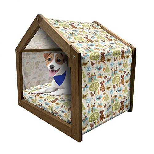 ABAKUHAUS Katzen Hundehütte aus Holz, Katzen Vögel Schmetterling, tragbare Hundehütte für drinnen und draußen mit Kissen und Abdeckung, 72 cm x 100 cm, Grün Braun Hellblau von ABAKUHAUS