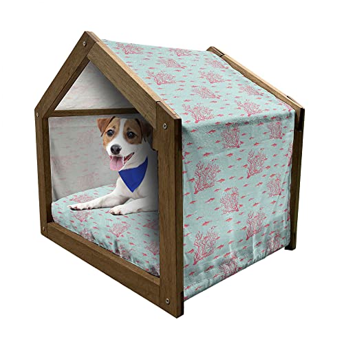 ABAKUHAUS Koralle Hundehütte aus Holz, Fische Korallenriff Aquatic, tragbare Hundehütte für drinnen und draußen mit Kissen und Abdeckung, 72 cm x 100 cm, Dunkle Coral Baby Blue von ABAKUHAUS