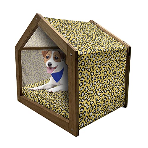 ABAKUHAUS Leopard-Druck Hundehütte aus Holz, Wild Cat Camouflage, tragbare Hundehütte für drinnen und draußen mit Kissen und Abdeckung, 55 cm x 75 cm, Gelb Schwarz und Weiß von ABAKUHAUS