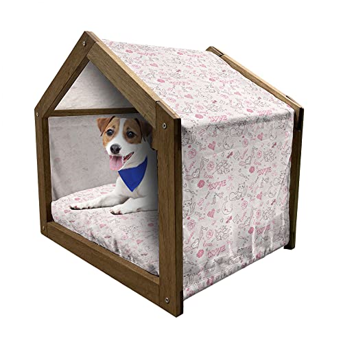 ABAKUHAUS Liebe Hundehütte aus Holz, Kissing Birds Eros Katzen, tragbare Hundehütte für drinnen und draußen mit Kissen und Abdeckung, 45 cm x 60 cm, Pale Coral Pink Brown von ABAKUHAUS