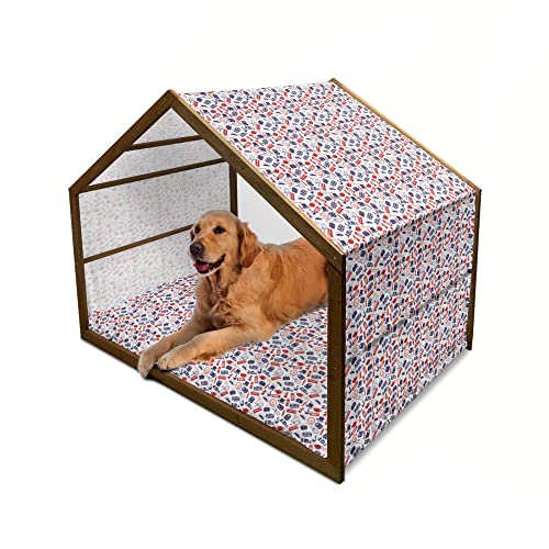 ABAKUHAUS London Hundehütte aus Holz, Vereinigtes Königreich Land, tragbare Hundehütte für drinnen und draußen mit Kissen und Abdeckung, 90 cm x 127 cm, Royal Blue, Rot, Weiß von ABAKUHAUS