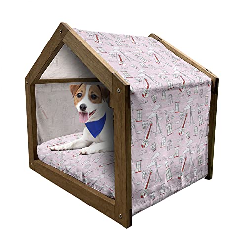 ABAKUHAUS Paris Hundehütte aus Holz, Violine Eiffel Cat Fliege, tragbare Hundehütte für drinnen und draußen mit Kissen und Abdeckung, 55 cm x 75 cm, Pale Pink Scarlet Weiß von ABAKUHAUS