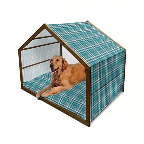 ABAKUHAUS Plaid Hundehütte aus Holz, Klassische Crossing Linie Squares, tragbare Hundehütte für drinnen und draußen mit Kissen und Abdeckung, 90 cm x 127 cm, Sea Blue Teal von ABAKUHAUS