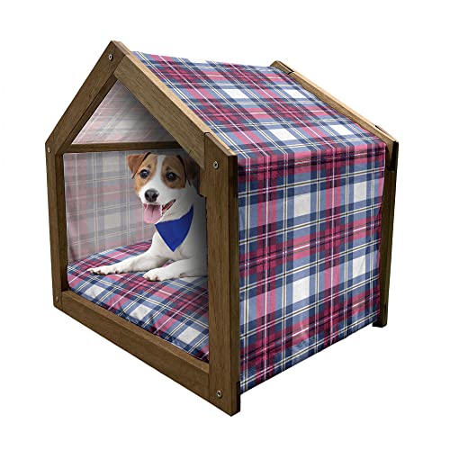 ABAKUHAUS Plaid Hundehütte aus Holz, Rosa und Blaue Tartan, tragbare Hundehütte für drinnen und draußen mit Kissen und Abdeckung, 45 cm x 60 cm, Blau-Rosa-Grau von ABAKUHAUS