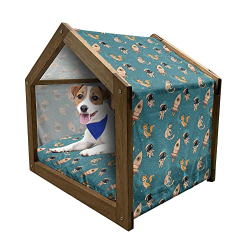 ABAKUHAUS Platz Hundehütte aus Holz, Füchse Katzen Cosmonauts, tragbare Hundehütte für drinnen und draußen mit Kissen und Abdeckung, 55 cm x 75 cm, Türkis Beige Marigold von ABAKUHAUS