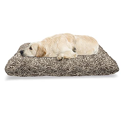 ABAKUHAUS Ranke Haustierbett, Retro Curly Blumenlinien, beissfestes Kissen für Hunde und Katzen mit abnehmbaren Bezug, 60 cm x 100 cm, Beige und Braun von ABAKUHAUS