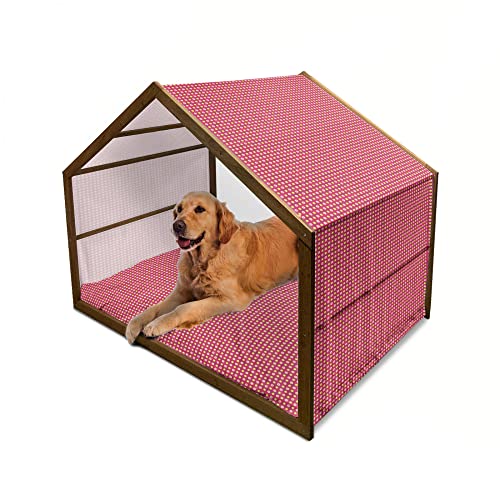 ABAKUHAUS Retro Hundehütte aus Holz, Abstrakte Disc Shaped Kreise, tragbare Hundehütte für drinnen und draußen mit Kissen und Abdeckung, 90 cm x 127 cm, Dunkle Magenta und Gelb von ABAKUHAUS