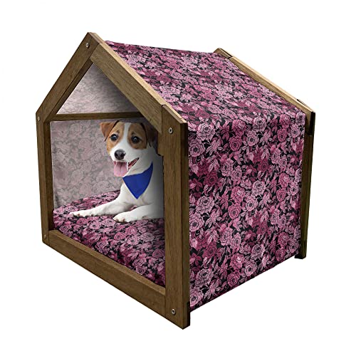 ABAKUHAUS Romantisch Hundehütte aus Holz, Feminine Peony Blumen, tragbare Hundehütte für drinnen und draußen mit Kissen und Abdeckung, 55 cm x 75 cm, Dunkle Magenta und Rosa von ABAKUHAUS