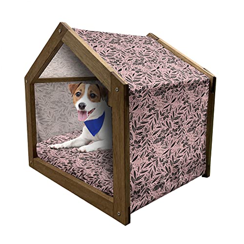 ABAKUHAUS Rosa und Schwarz Hundehütte aus Holz, Exotische Blätter Sommer, tragbare Hundehütte für drinnen und draußen mit Kissen und Abdeckung, 55 cm x 75 cm, Pale Pink und Schwarz von ABAKUHAUS