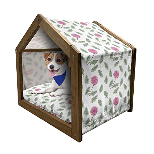 ABAKUHAUS Rose Hundehütte aus Holz, Modern Style rosa Blüten, tragbare Hundehütte für drinnen und draußen mit Kissen und Abdeckung, 45 cm x 60 cm, Rosa Reseda Grün Weiß von ABAKUHAUS