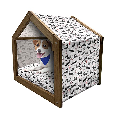 ABAKUHAUS Scottie Dog Hundehütte aus Holz, Handgezeichnete Hunderassen, tragbare Hundehütte für drinnen und draußen mit Kissen und Abdeckung, 45 cm x 60 cm, Dunkler Coral Koksgraue von ABAKUHAUS