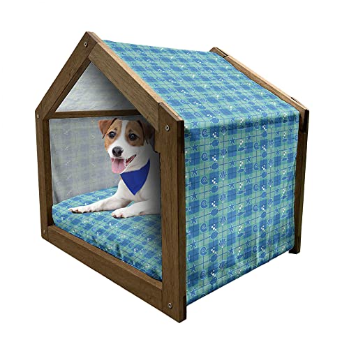 ABAKUHAUS Sea Shells Hundehütte aus Holz, Plaid-Muster Meer, tragbare Hundehütte für drinnen und draußen mit Kissen und Abdeckung, 55 cm x 75 cm, Mint Grün Blau Weiß von ABAKUHAUS