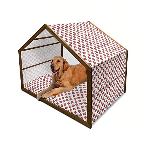 ABAKUHAUS Apfel Hundehütte aus Holz, Cartoon Bio-Obst, tragbare Hundehütte für drinnen und draußen mit Kissen und Abdeckung, 90 cm x 127 cm, Dunkler Coral Grün Weiß von ABAKUHAUS