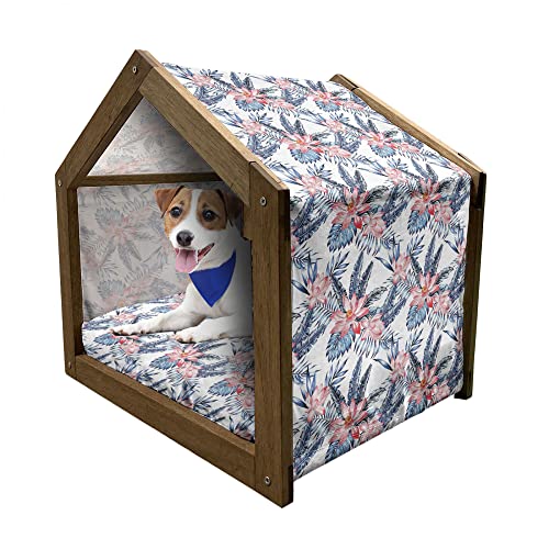 ABAKUHAUS Tropisch Hundehütte aus Holz, Banana Palm Lilien, tragbare Hundehütte für drinnen und draußen mit Kissen und Abdeckung, 45 cm x 60 cm, Coral Orange und Blau von ABAKUHAUS