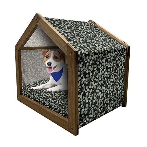 ABAKUHAUS Tropisch Hundehütte aus Holz, Exotische Blätter Hand gezeichnet, tragbare Hundehütte für drinnen und draußen mit Kissen und Abdeckung, 55 cm x 75 cm, Weises Grün und Schwarz von ABAKUHAUS