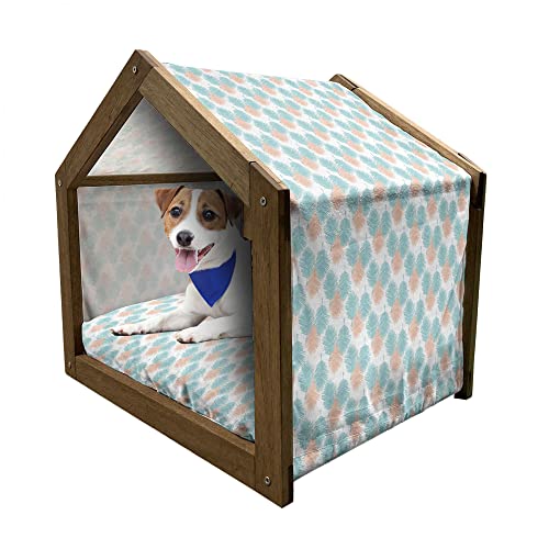 ABAKUHAUS Tropisch Hundehütte aus Holz, Exotische Blätter Hawaiian, tragbare Hundehütte für drinnen und draußen mit Kissen und Abdeckung, 45 cm x 60 cm, Pale Blue Salmon von ABAKUHAUS