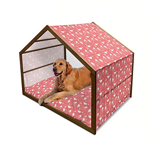 ABAKUHAUS Vögel Hundehütte aus Holz, Gimpel Silhouetten Sitzen, tragbare Hundehütte für drinnen und draußen mit Kissen und Abdeckung, 90 cm x 127 cm, Dunkler Coral Weiß von ABAKUHAUS